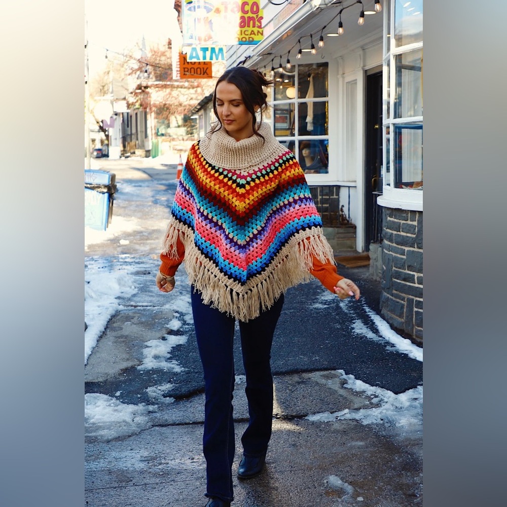 Anthropologie BOHO RAINBOW CROCHET TURTLENECK SWEATER PONCHO FRINGE